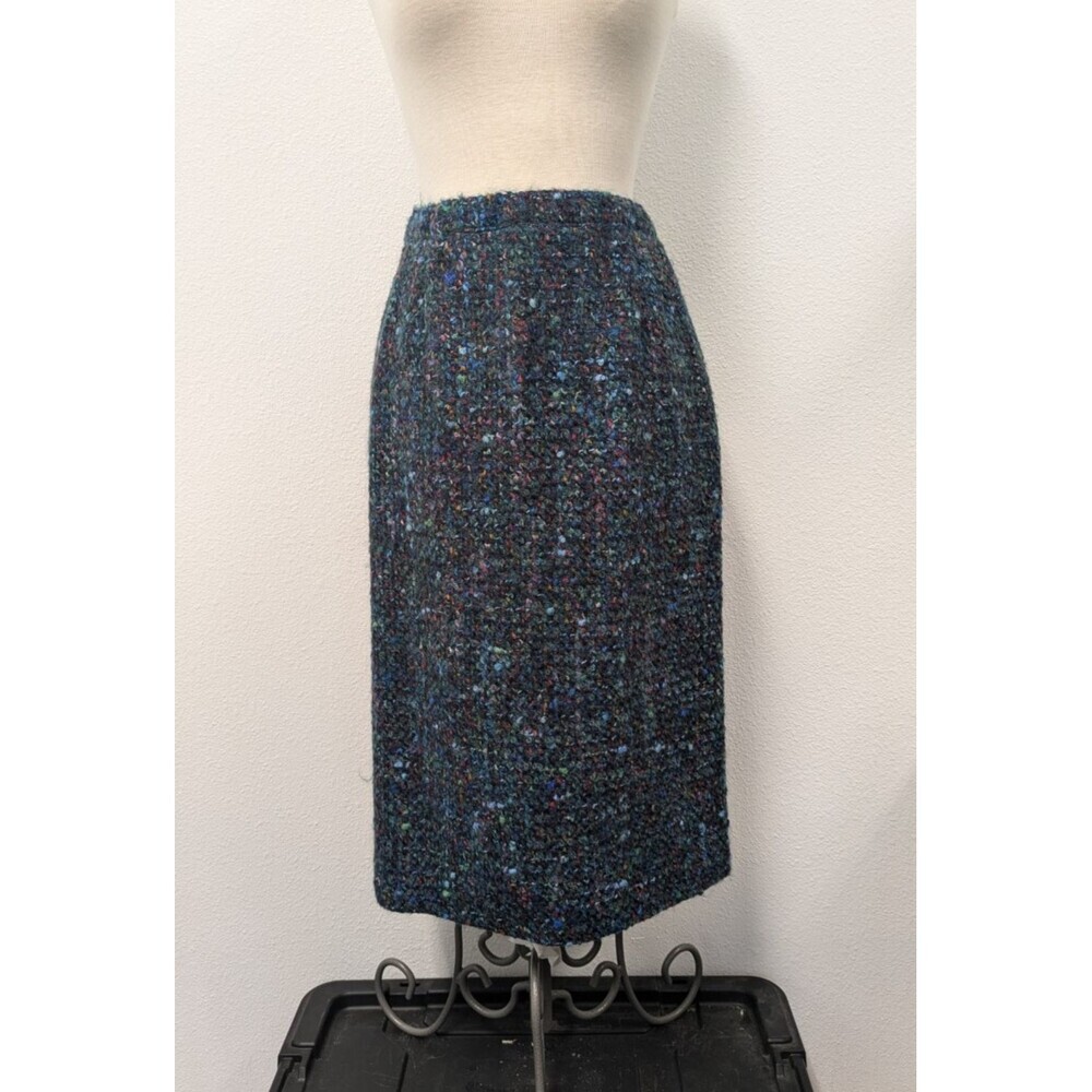 Vintage Y2K Blue Multicolored Rainbow Wool Blend Tweed Boucle Pencil Skirt sz XS